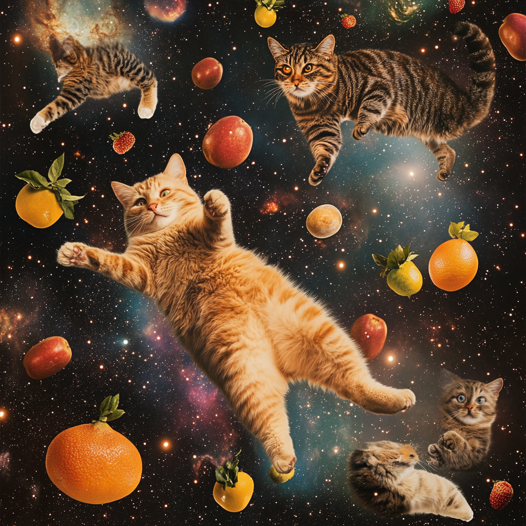 Plump cats and fruits floating in space. Galaxies, stars.