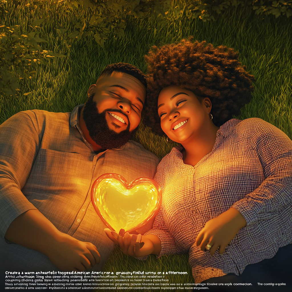 Plus-sized African American couple with glowing heart outdoors 