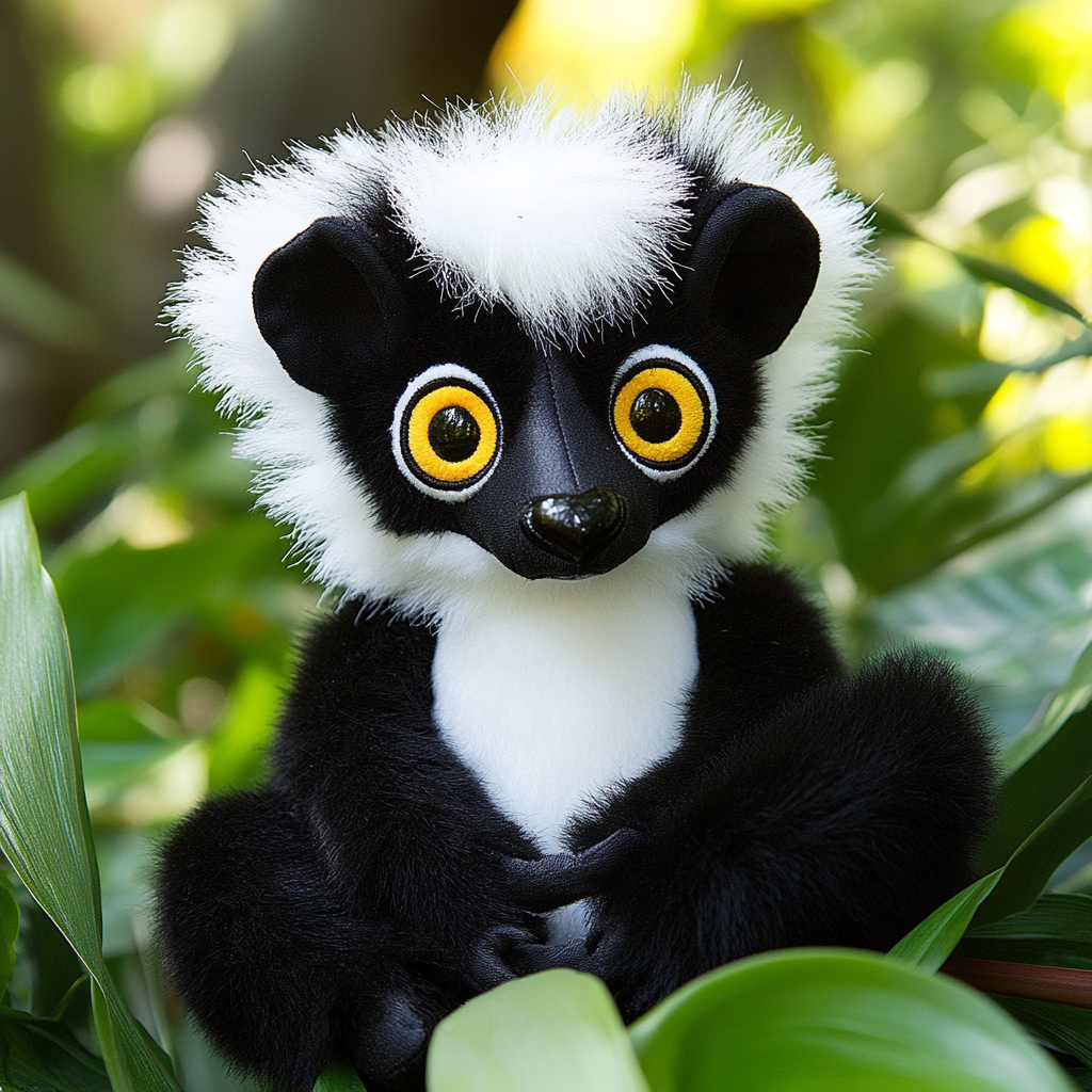 Plush Black-and-White Ruffed Lemur Toy in Madagascar Forest