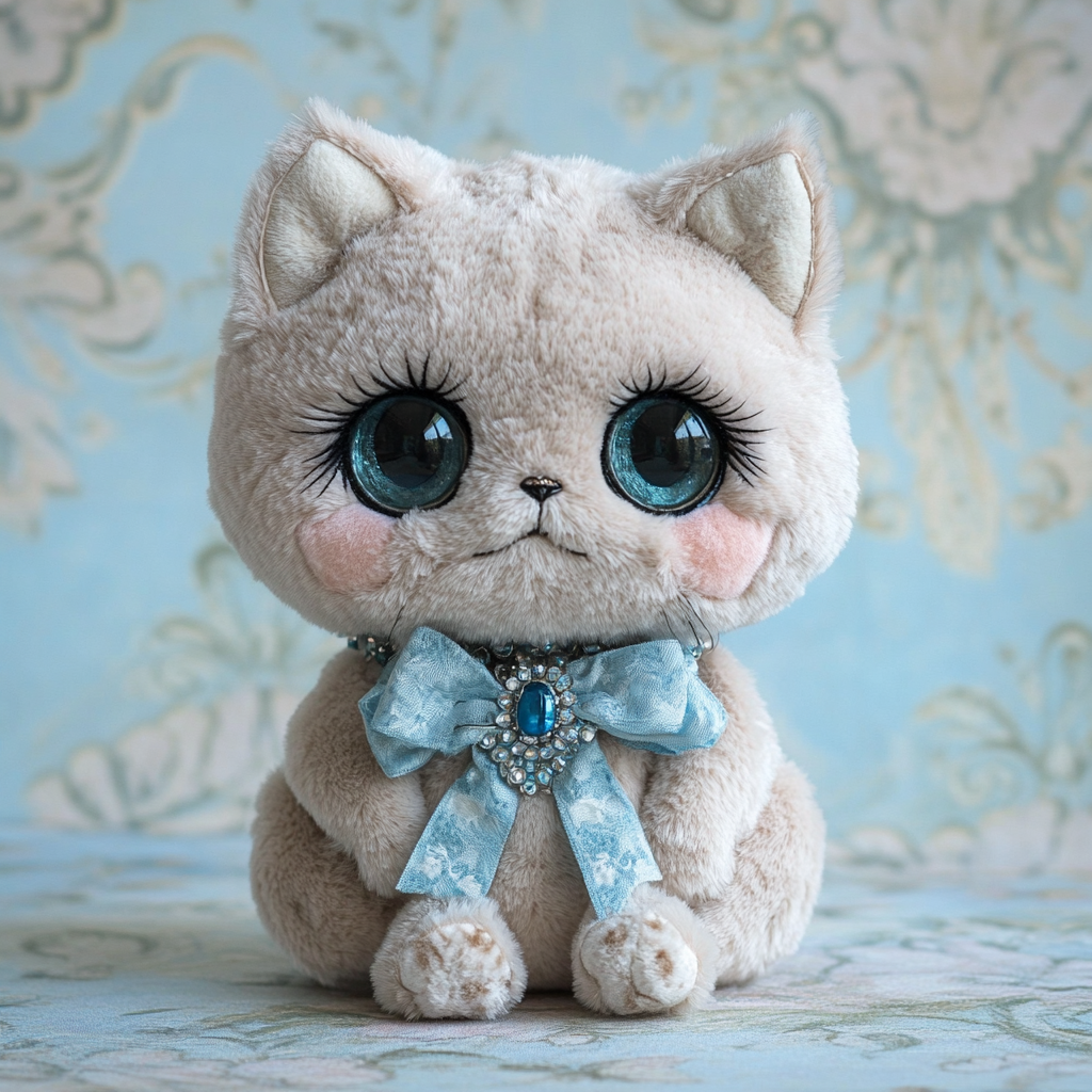 Plush two-headed cat toy with jeweled collar sits.