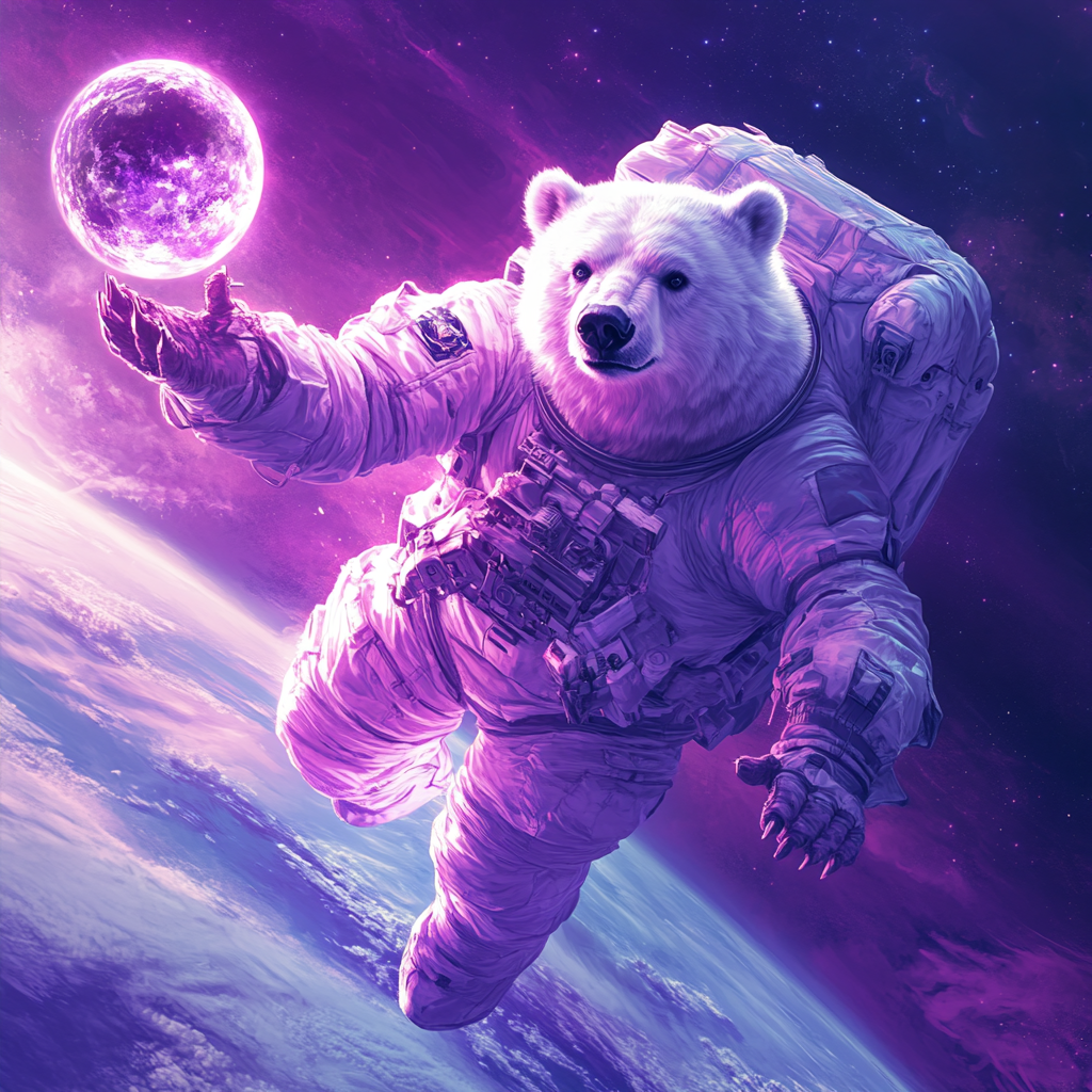 Polar Bear Astronaut Floating in Space with Magic Sphere