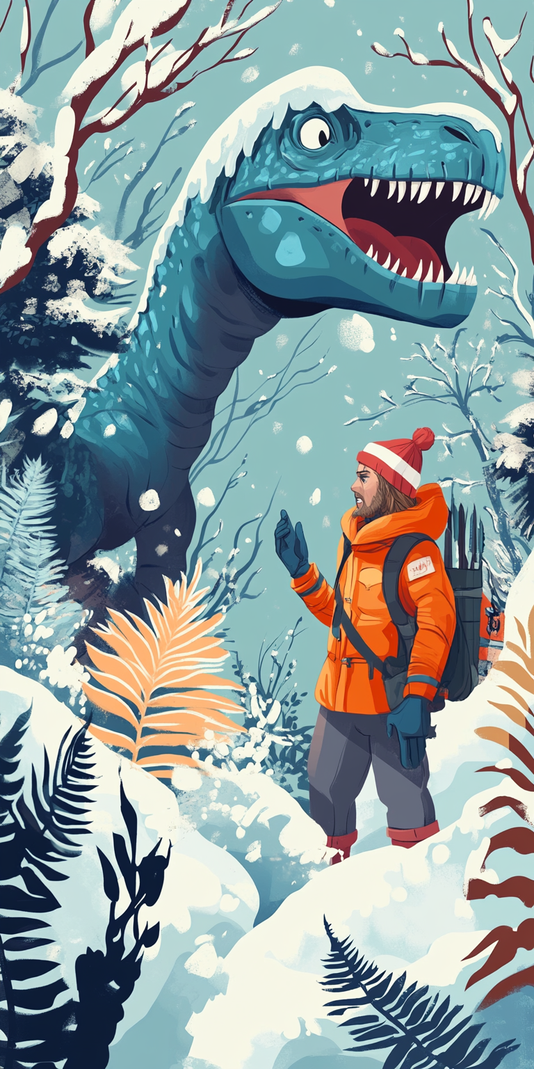 Polar explorer in winter clothes surprised in a dinosaur forest.