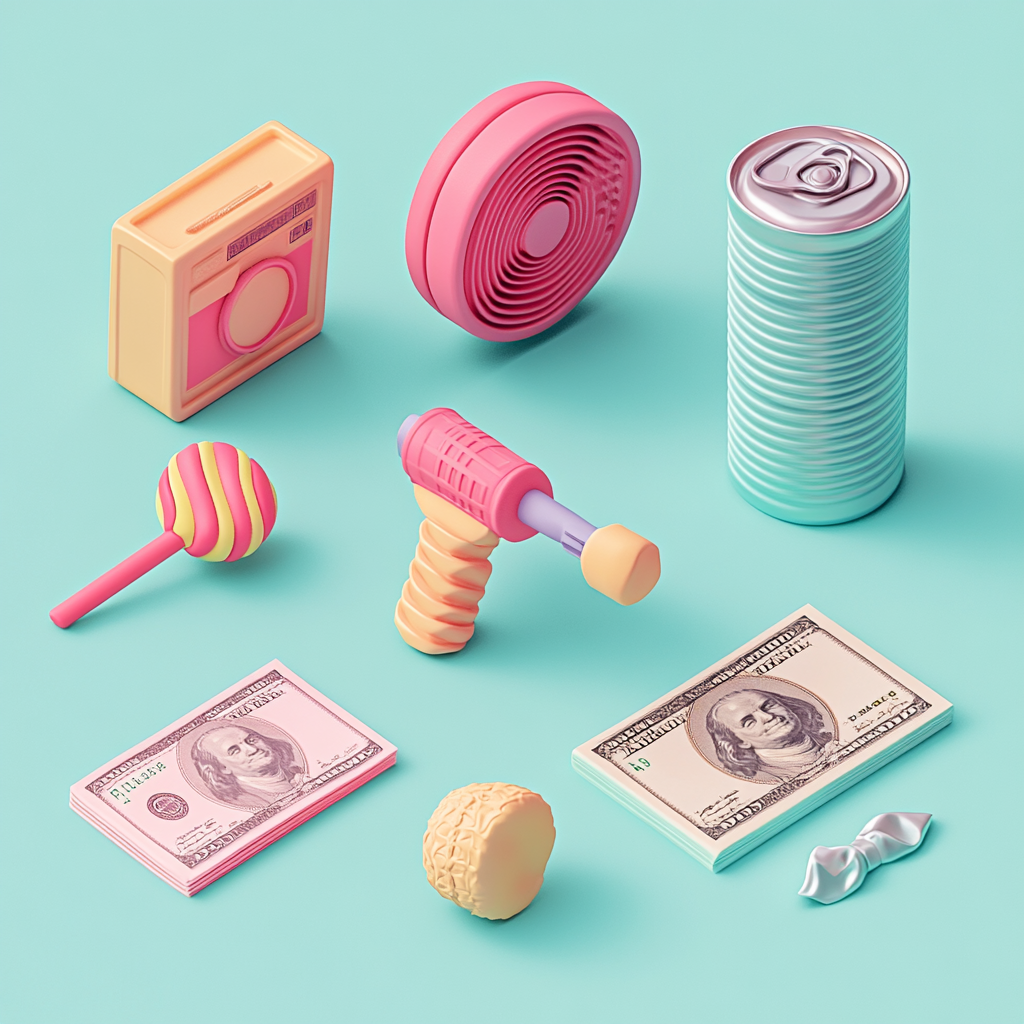 Polaroid, cash, microphone, lollipop, can pull tab icons