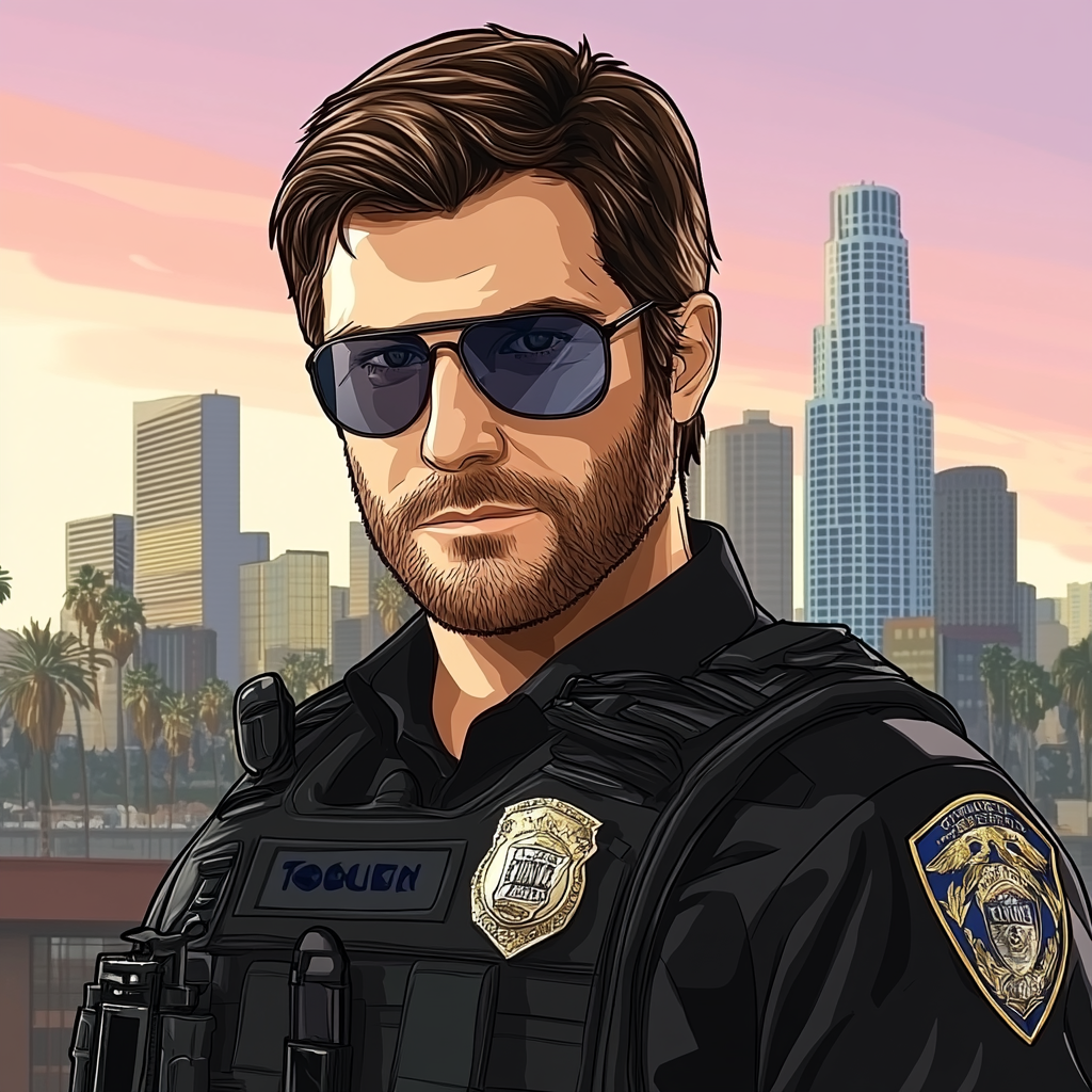 Police Officer in LA Skyline, Cartoon Style