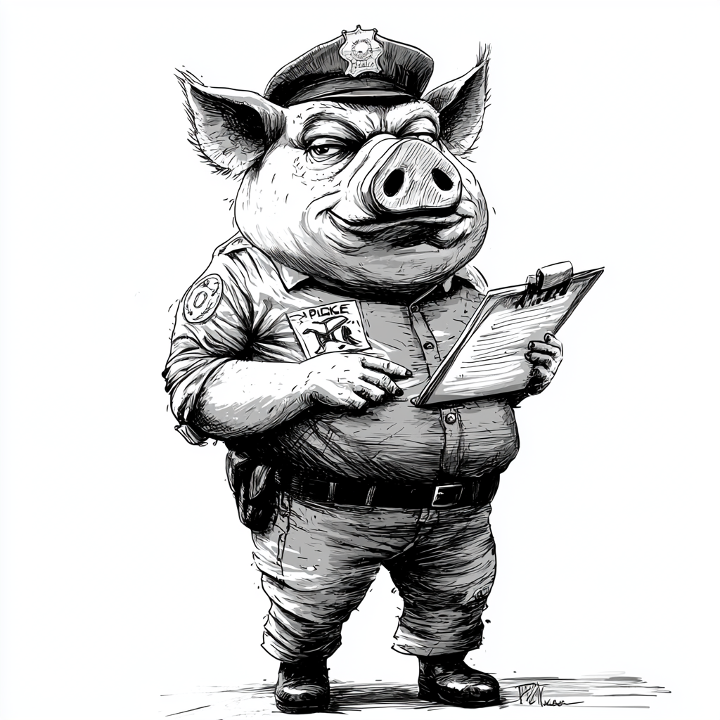 Police Officer with Pig's Snout Taking Notes