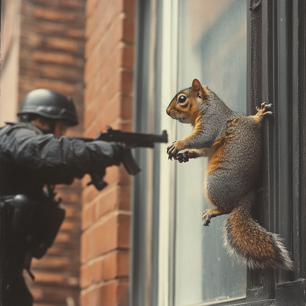 Police hold squirrel; cat watches from window.