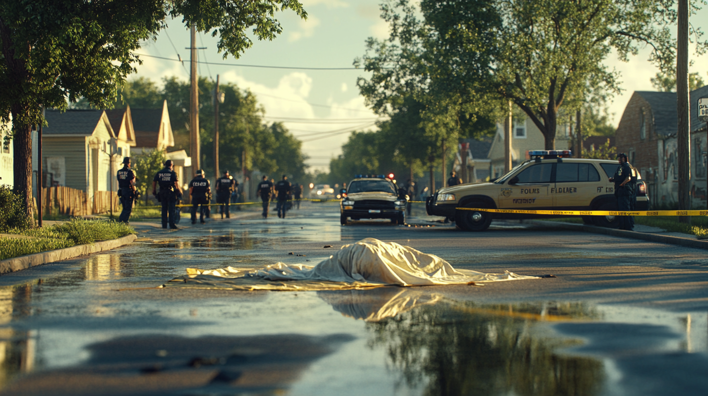 Police murder crime scene with caution tape and officers.