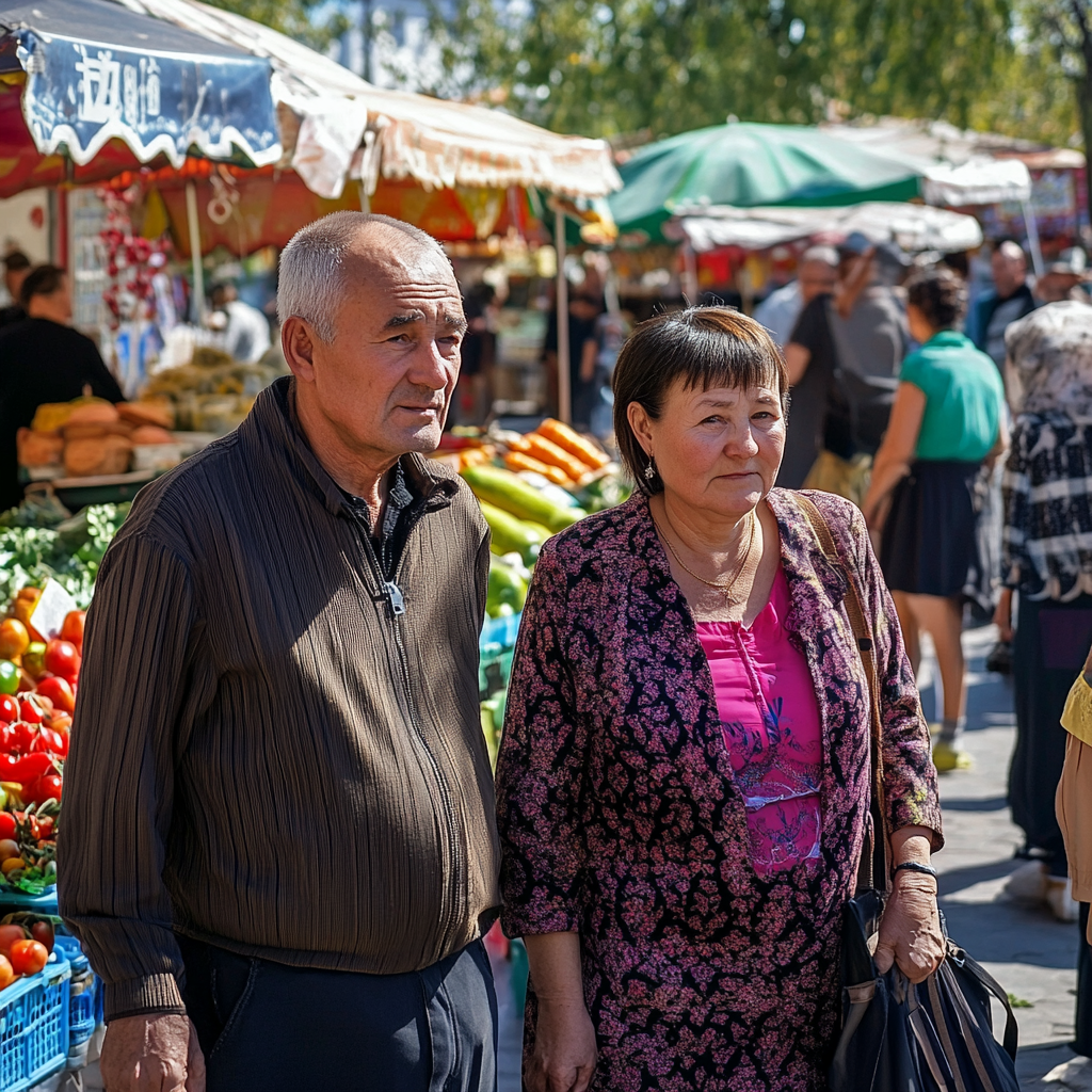 Polish couple exploring sunny Almaty with green bazar.