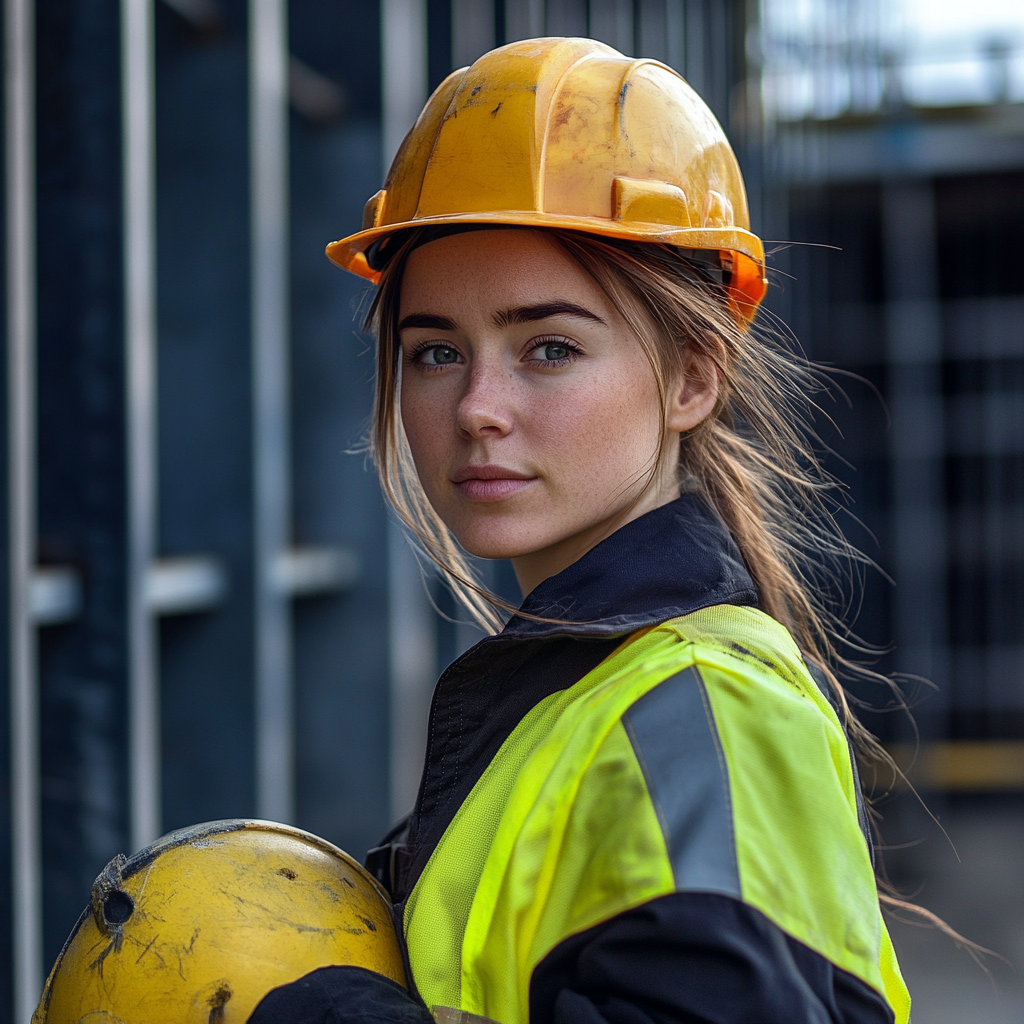 Polish executive director, in construction uniform, holding hard hat.