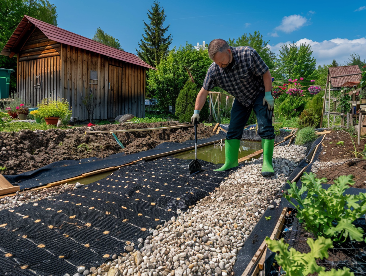 Polish gardener installing geogrid on garden pond bank.