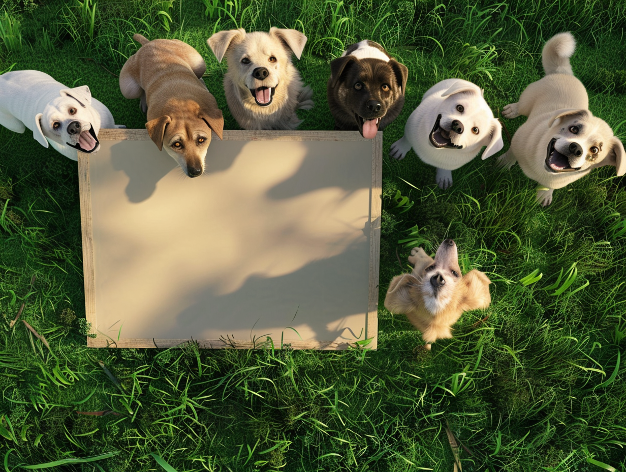 Political campaign sign in grass, six dogs lined up.