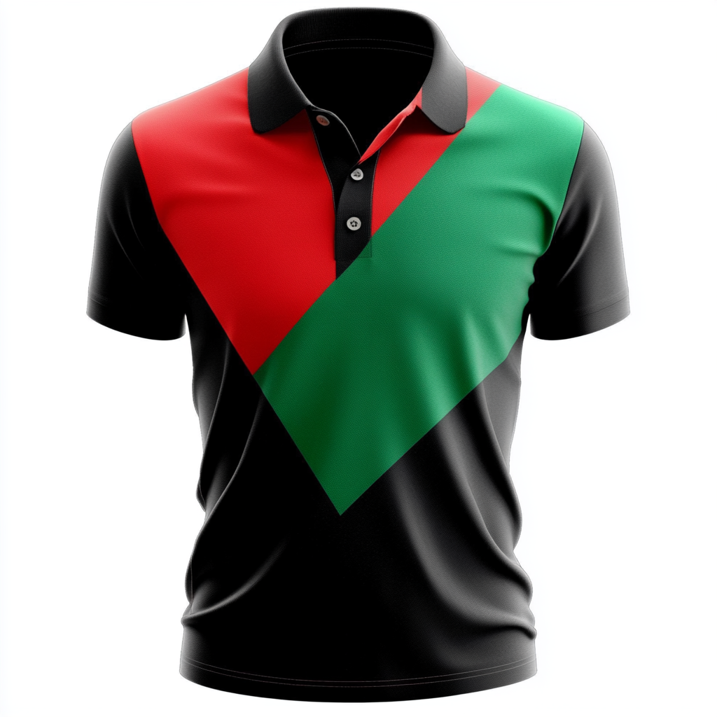 Polo shirt for boys with red, green, black design.