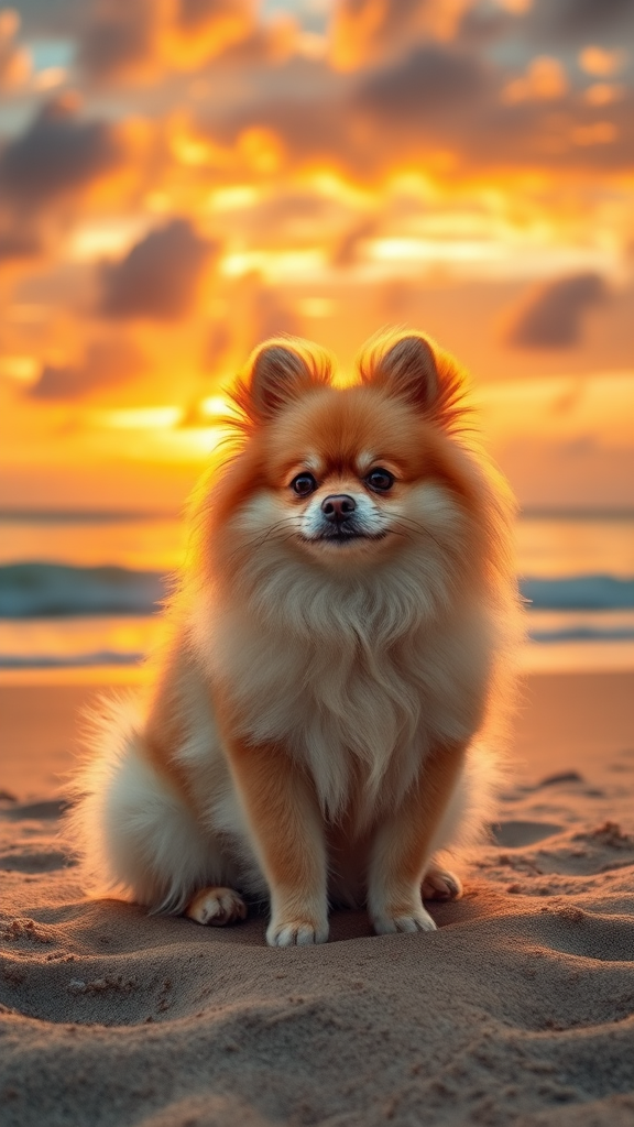 Pomeranian Dog Sitting on Sandy Beach at Sunset