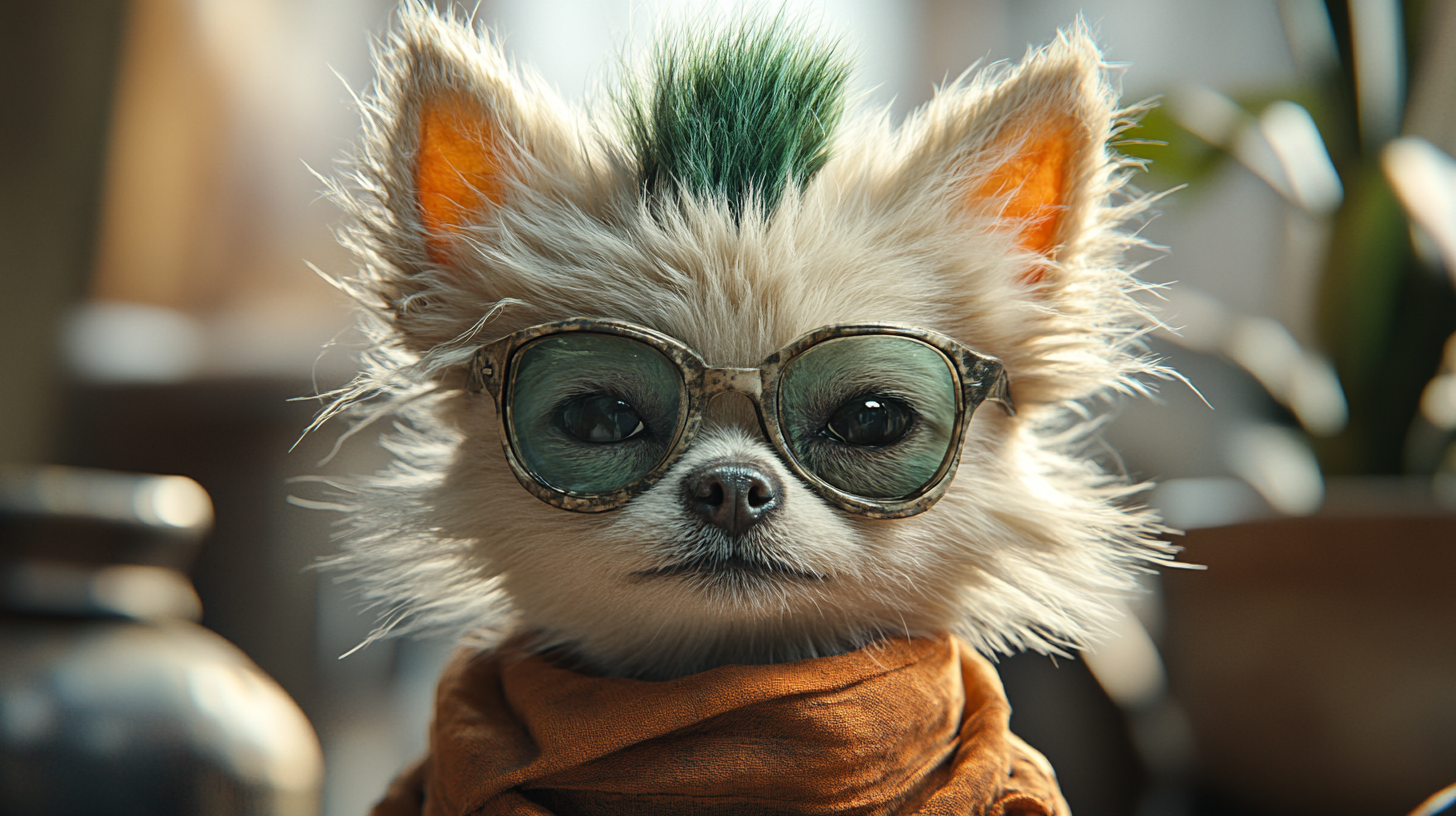 Pomeranian with a Green Mohawk in 3D.