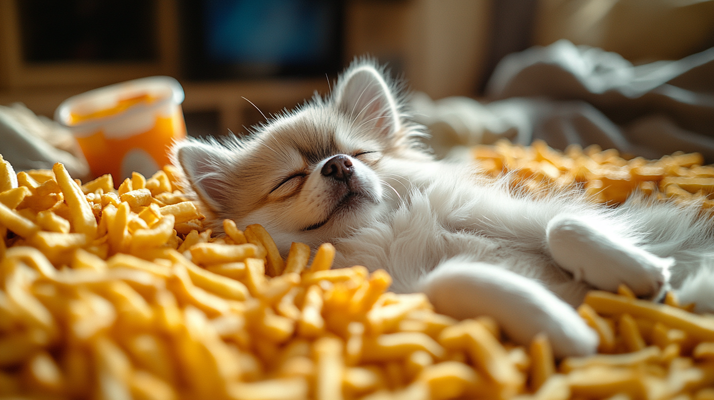 Pomeranian with white fur and fries in room.