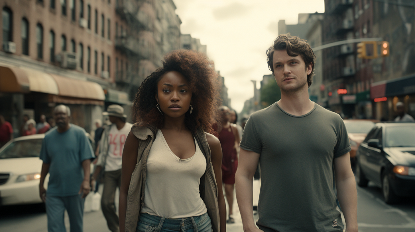 Poor Black Woman with Ugly Straight Hair in New York Street with White Boyfriend.