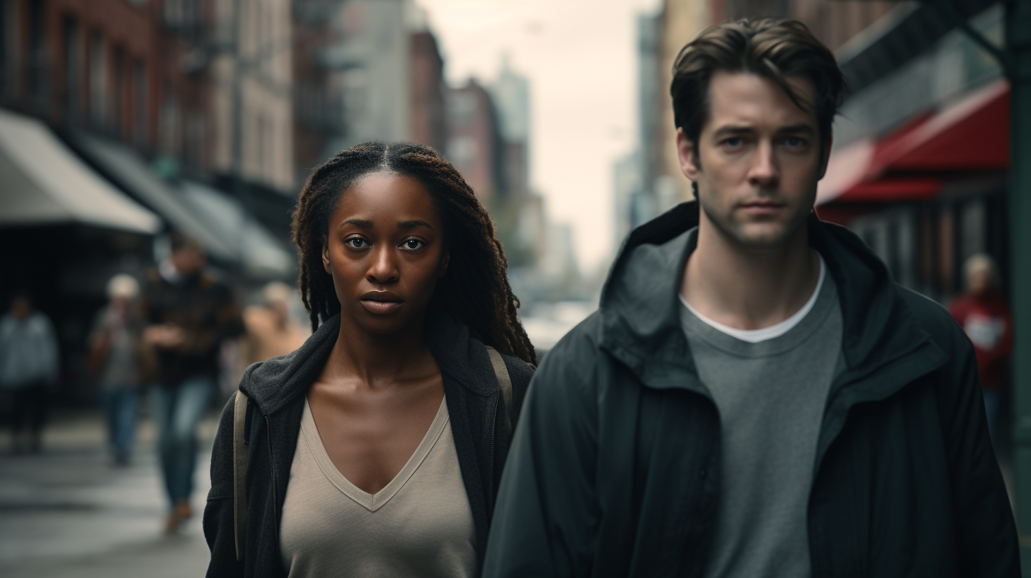 Poor black woman and white boyfriend in New York street.