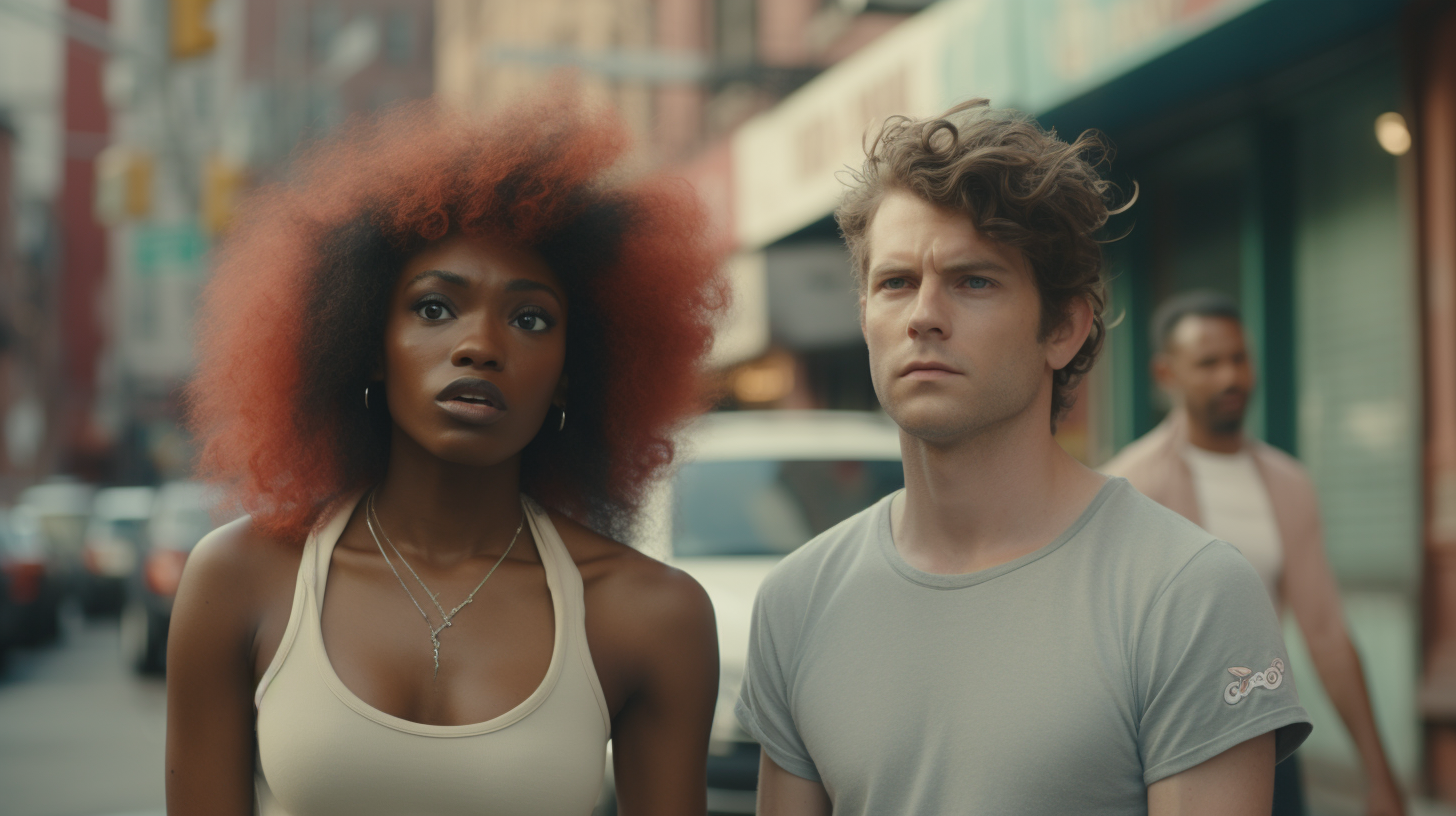 Poor black woman with auburn wig in NYC street