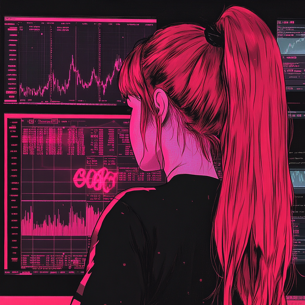 Pop Art Gangsta Girl with Dark Pink Hair Crypto Chart View