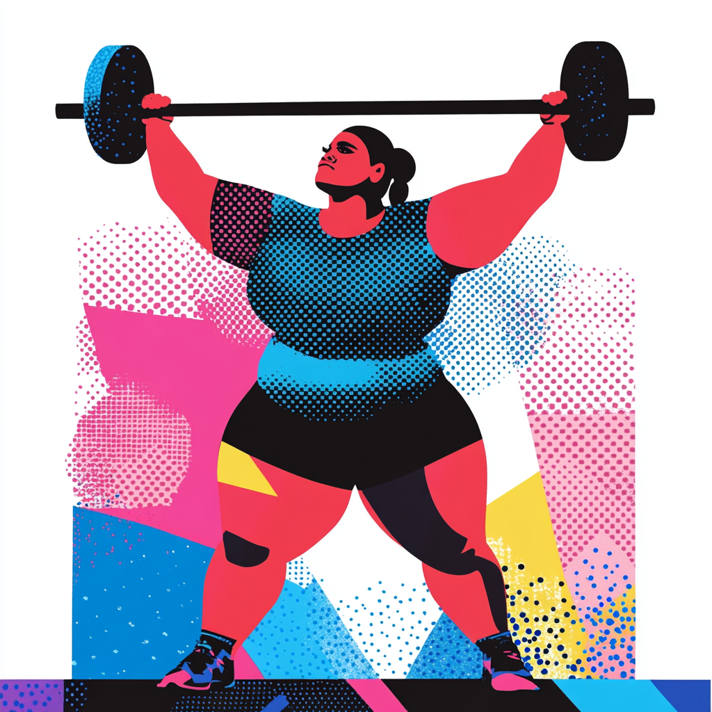 Pop art inspired minimalist collage of plus-size weightlifter.