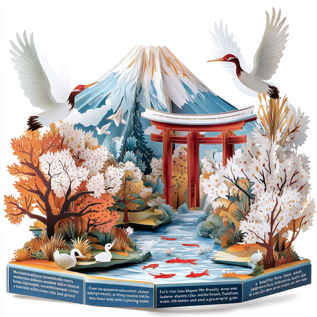 Pop-up paper art scene: Japan's Mt. Fuji, cherry blossoms.