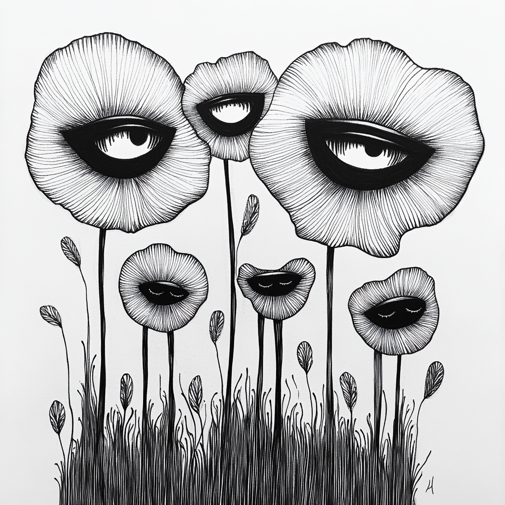 Poppy flowers with faces in Tim Burton style