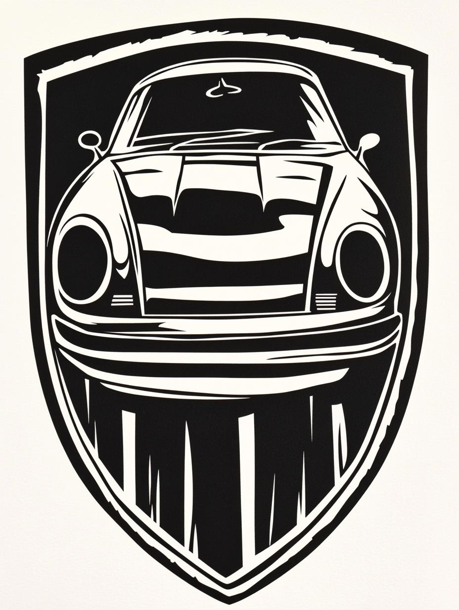 Porsche Logo in Black and White Woodcut Style