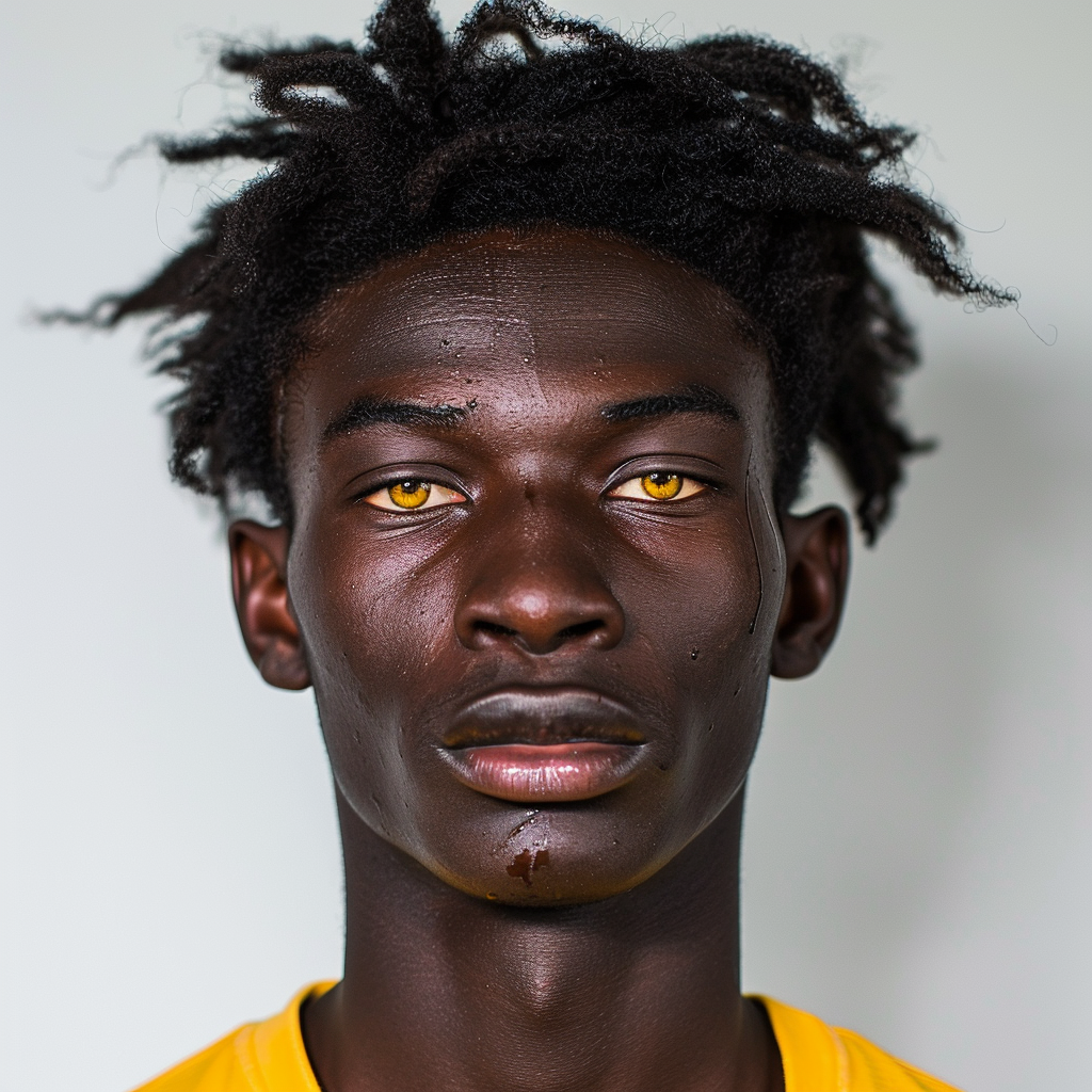 Portrait of Black English-Nigerian football player with long hair.