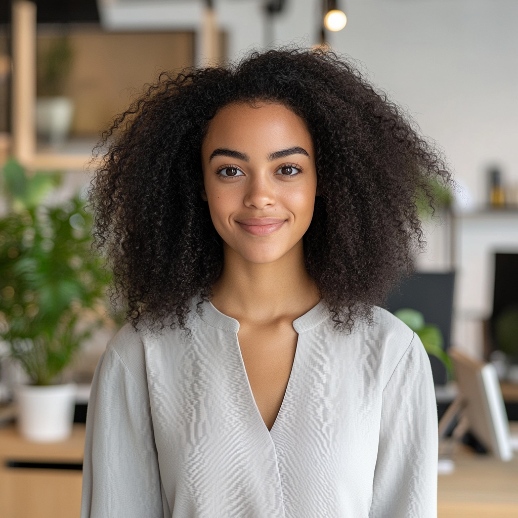 Portrait of Black woman in workspace with natural hair