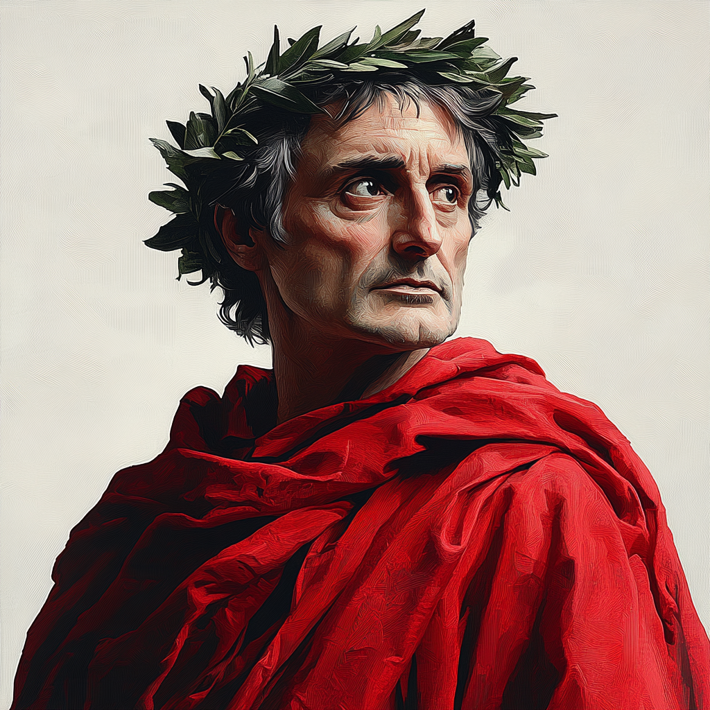 Portrait of Dante Alighieri in red robe and laurel wreath, serious expression.