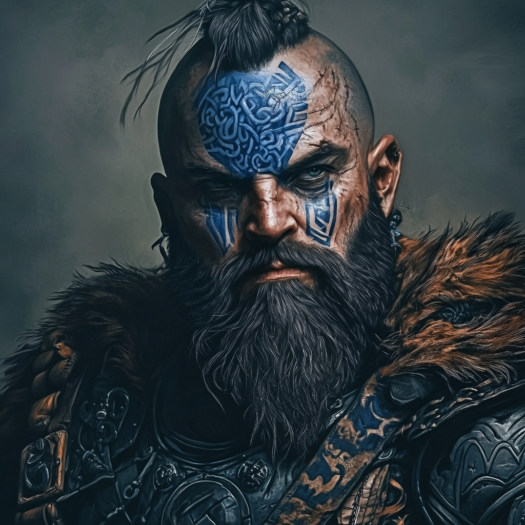 Portrait of Dwarf Bard with Blue Tattoos on Head