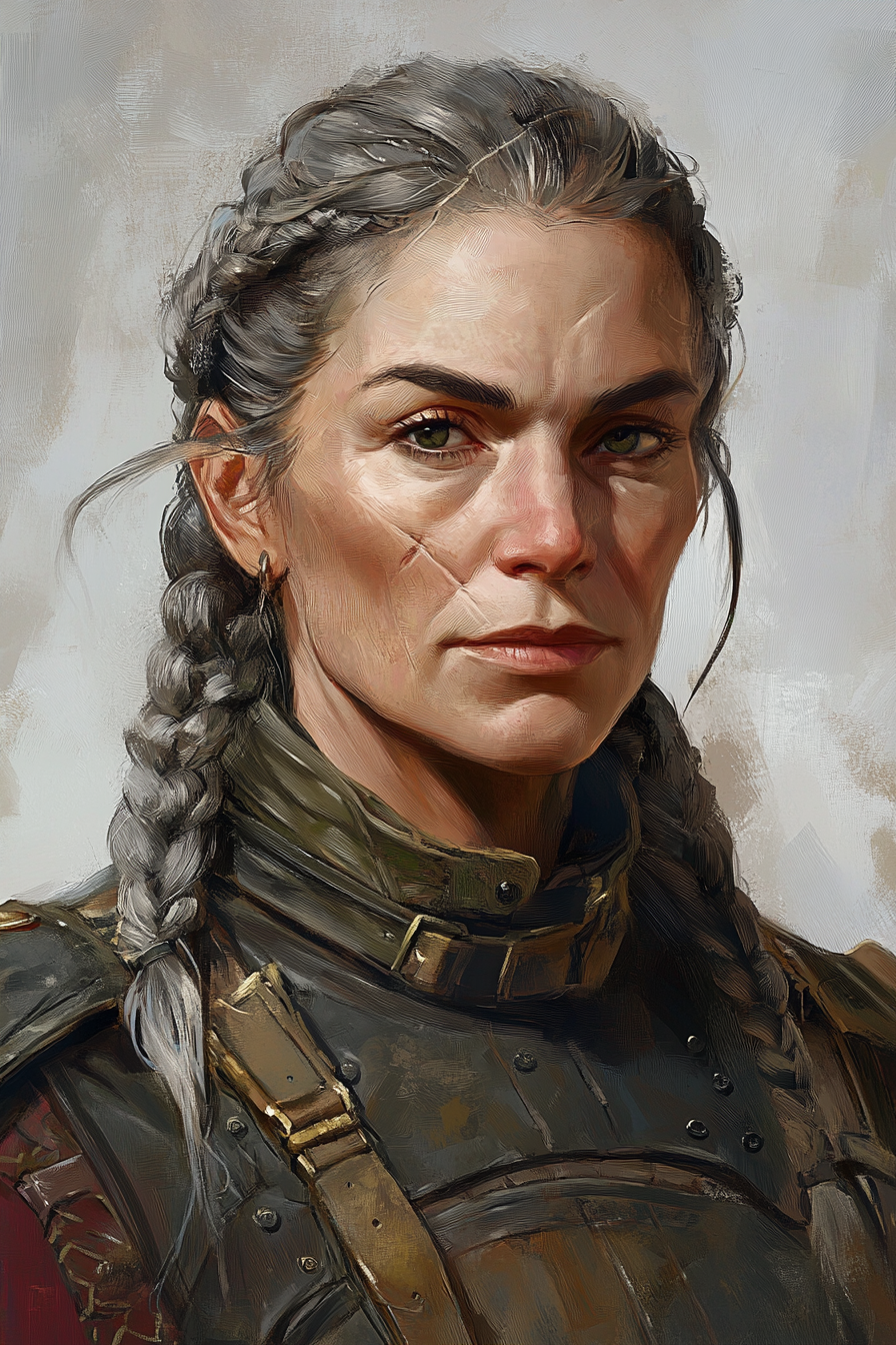 Portrait of Elderly Female Mercenary with Braids