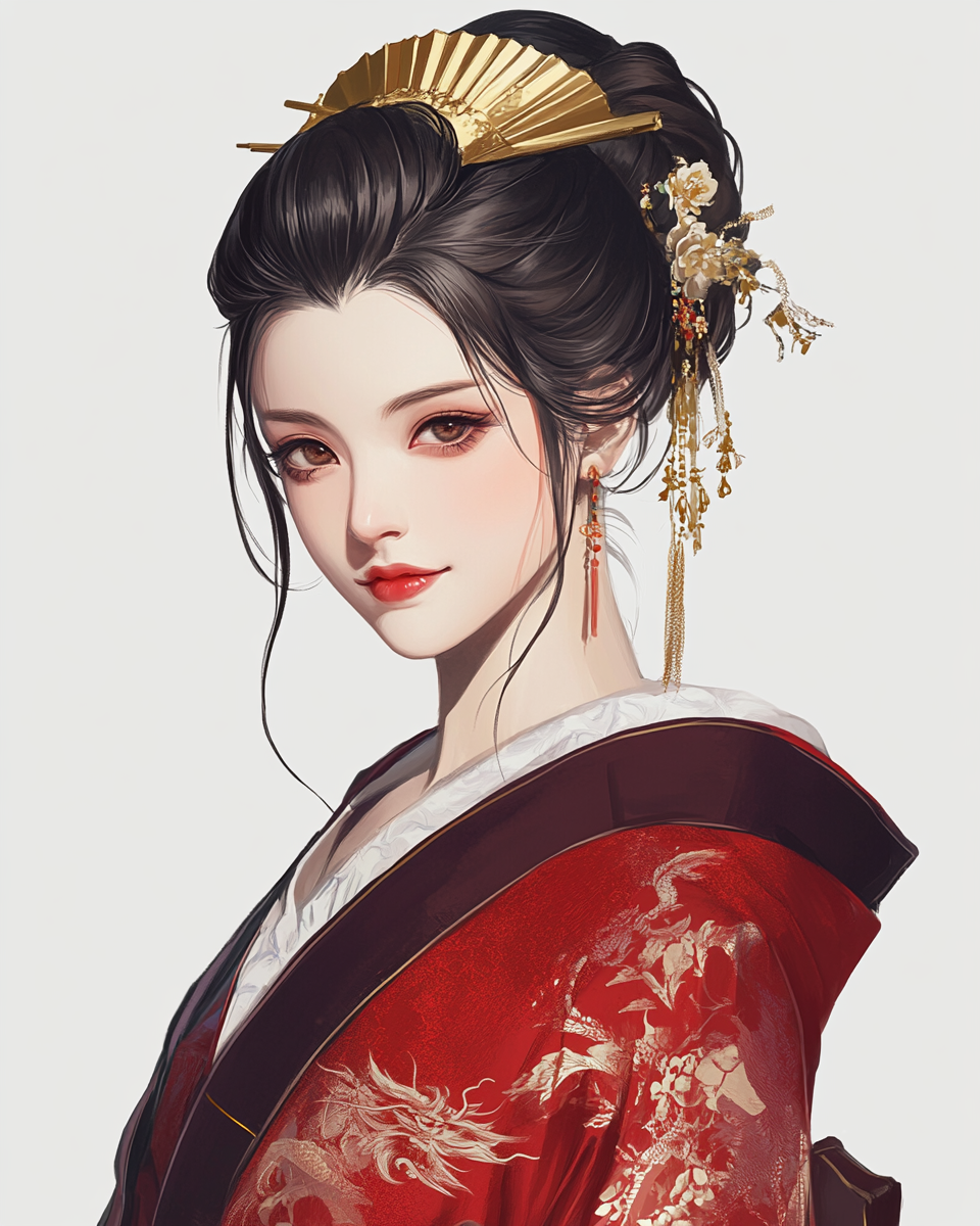 Portrait of Elegant Geisha Ming Li in Red Kimono