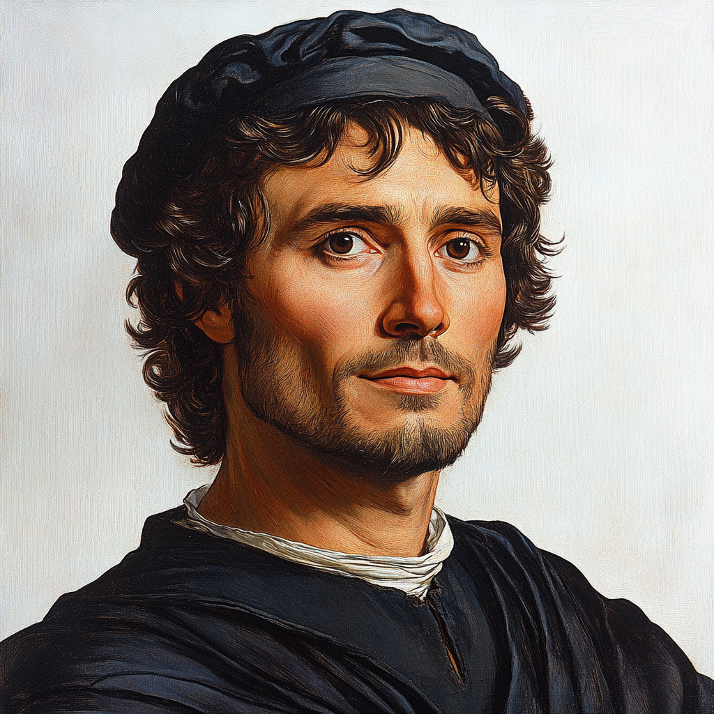 Portrait of Giovanni Boccaccio with curly dark hair.