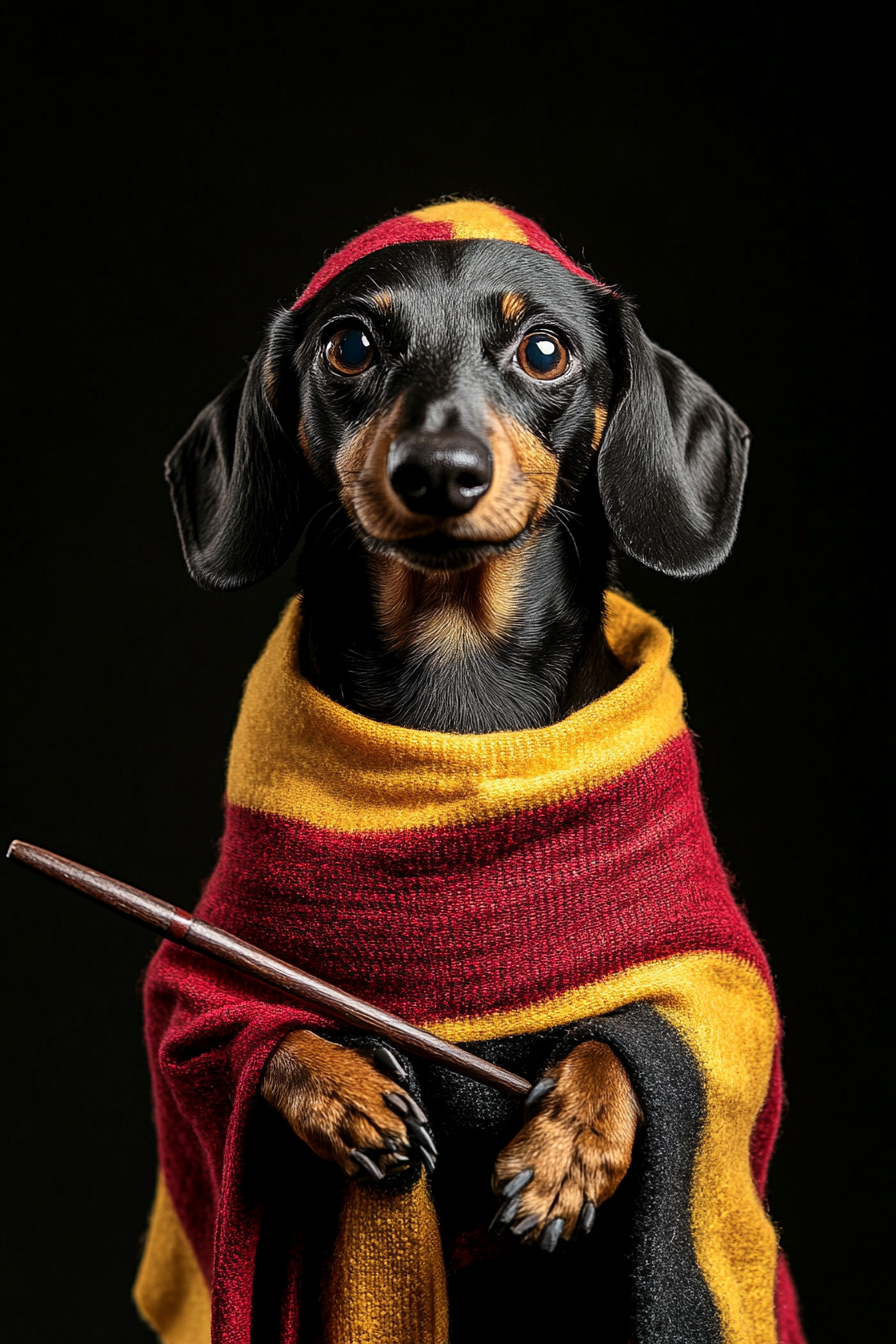 Portrait of Happy Dog in Wizard Costume Casting Spell