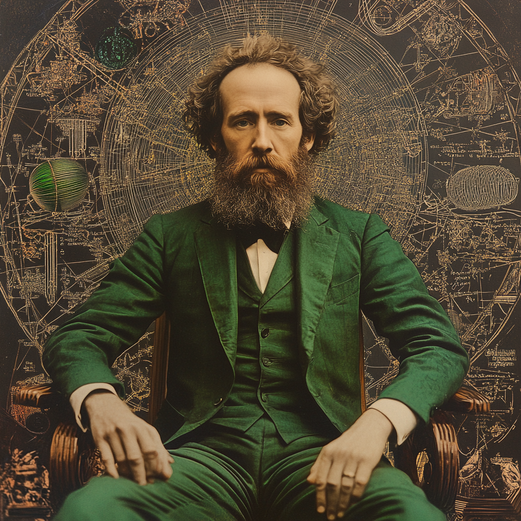 Portrait of James Clerk Maxwell in green suit, surrounded by electromagnetism iconography.