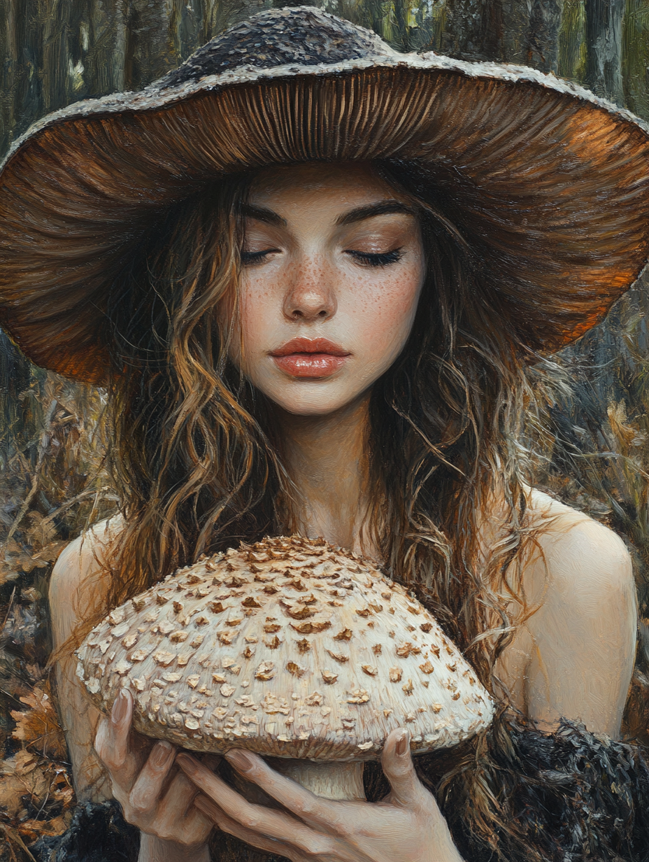 Portrait of Pretty Witch with Toadstool in Forest