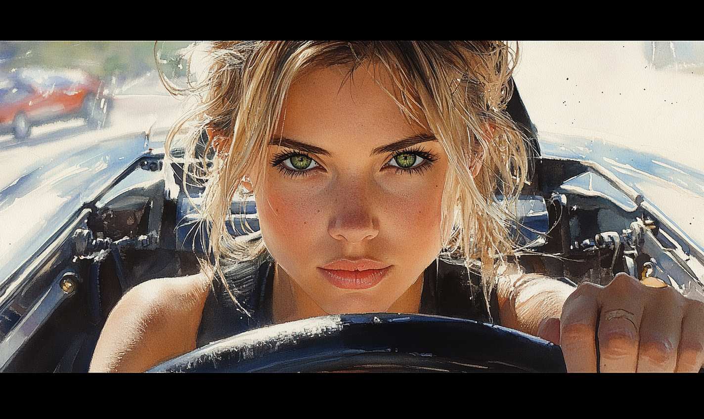 Portrait of Pretty Woman Driving Futuristic Sports Car