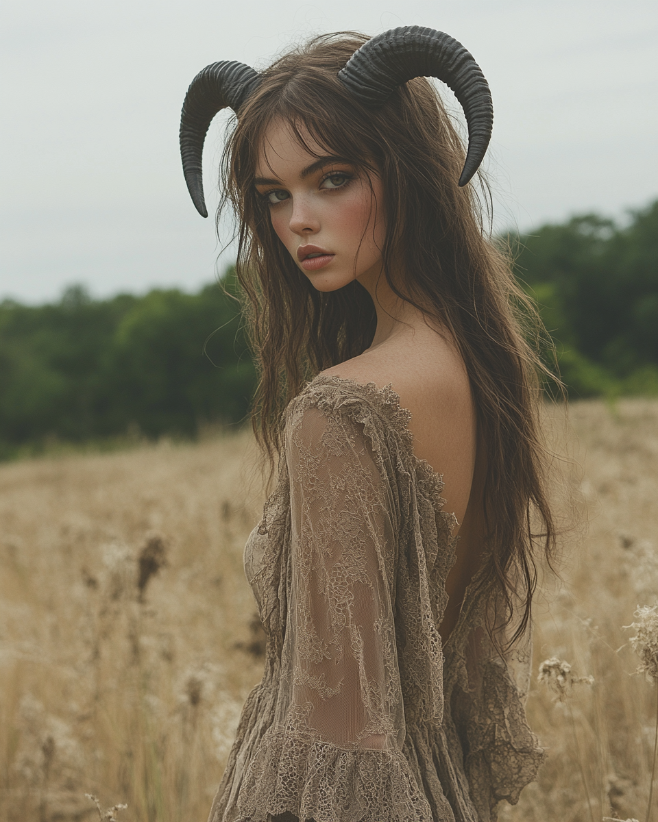 Portrait of Young Woman with Devil Horns