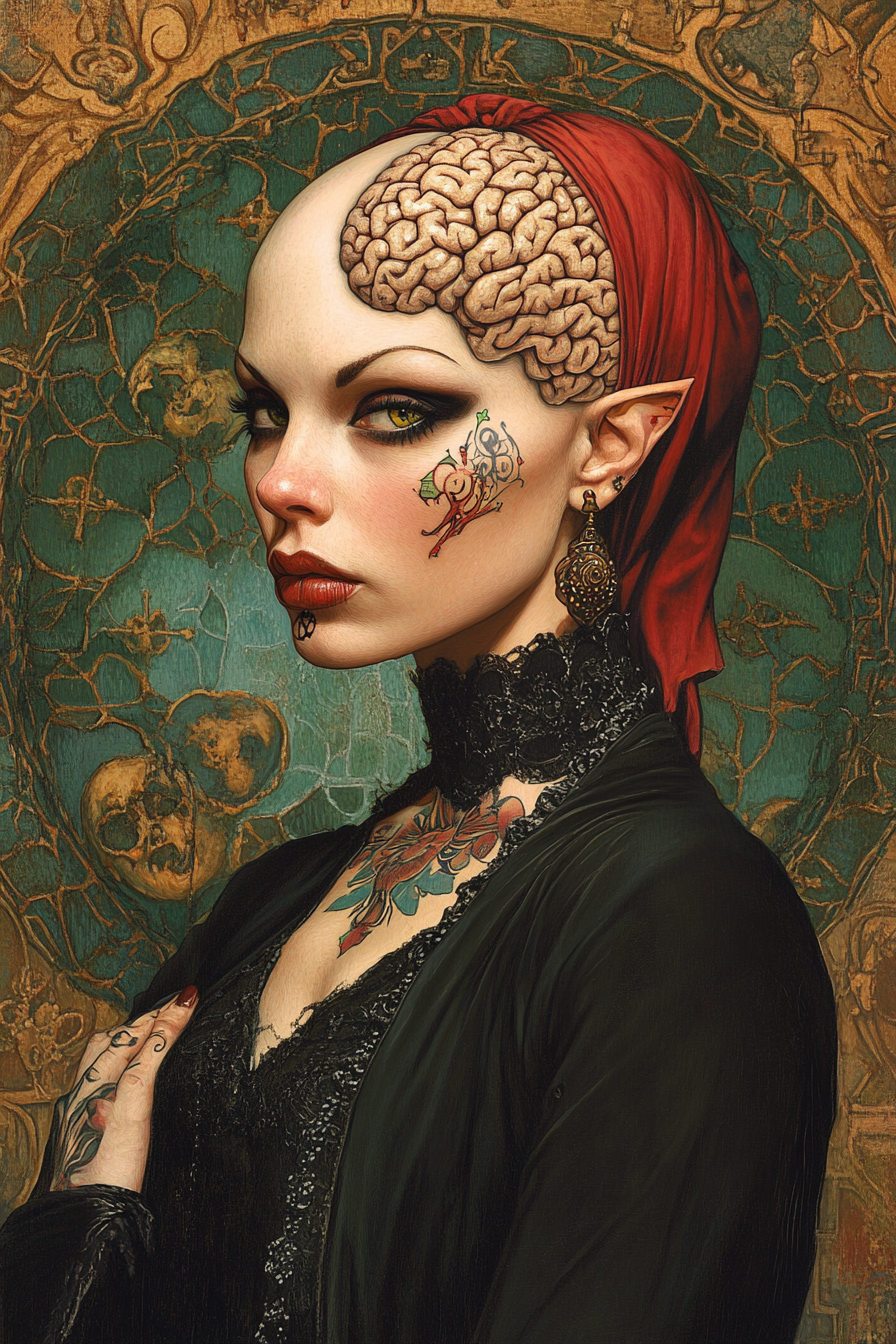 Portrait of a bald witch with brain tattoos.