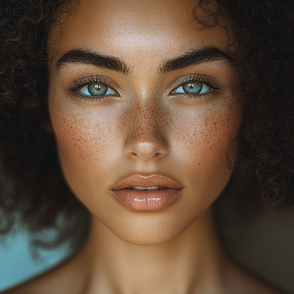 Portrait of a beautiful woman with voluminous lips, curly hair.