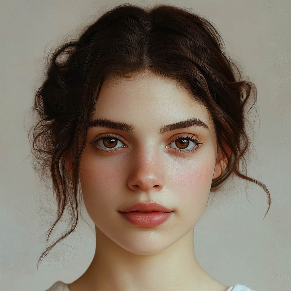 Portrait of a blushing woman with doe-like eyes.