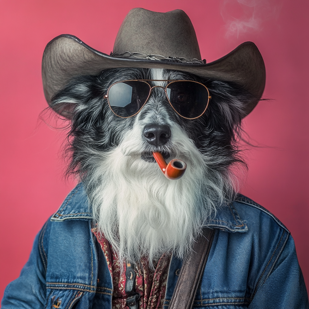 Portrait of a cowboy Border Collie with pipe.