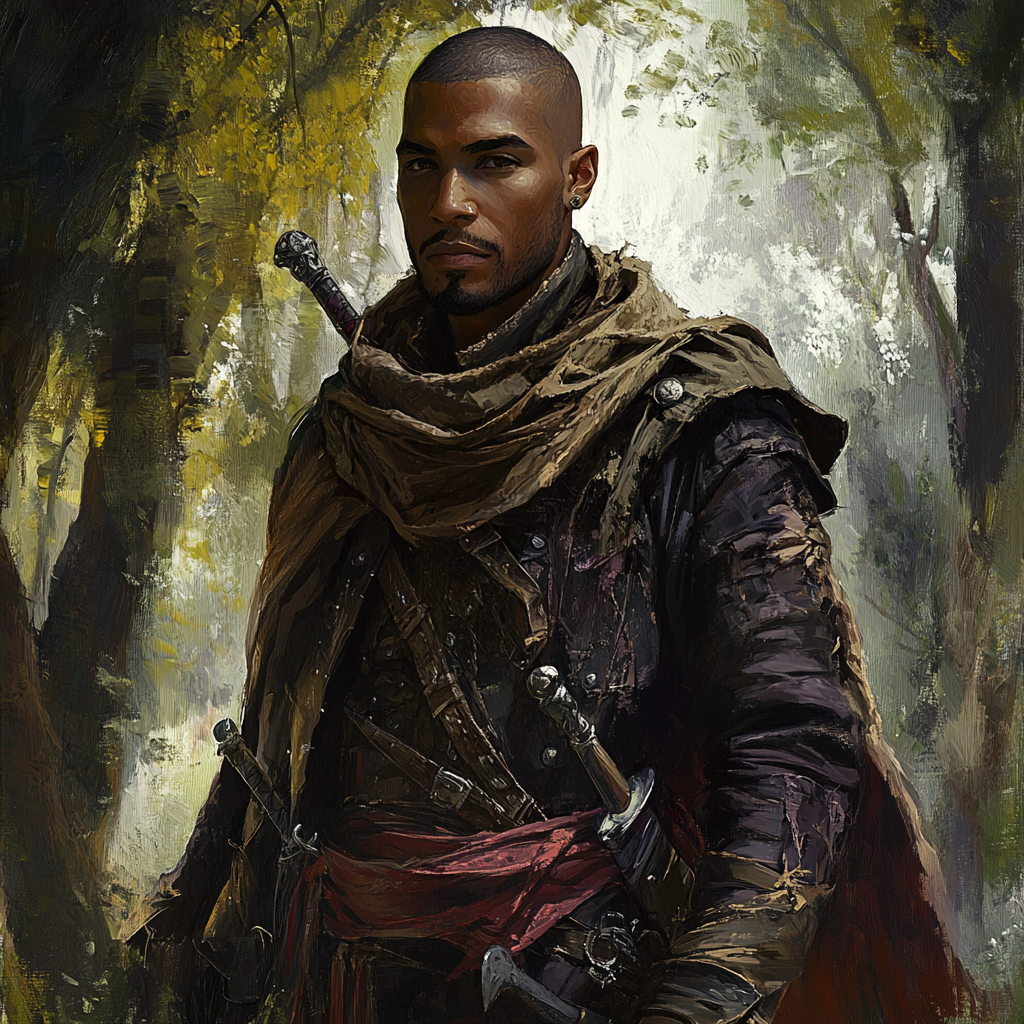 Portrait of a deceptive medieval rogue in forest.