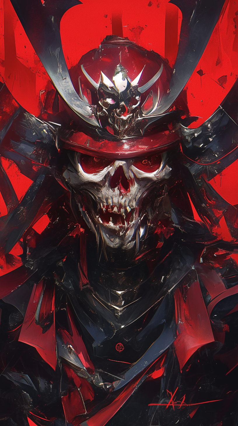 Portrait of a scary red samurai warrior.