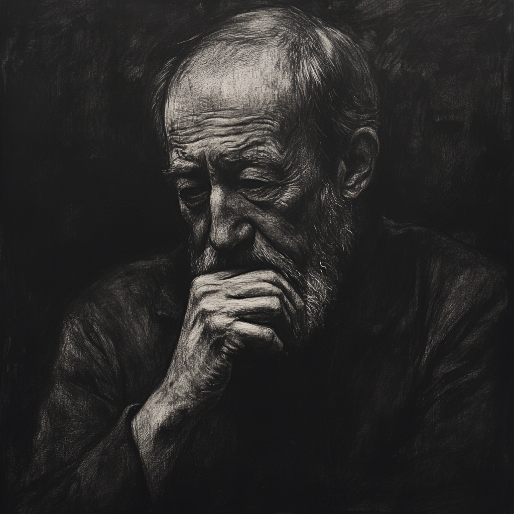 Portrait of author Solzhenitsyn in deep melancholic thought.