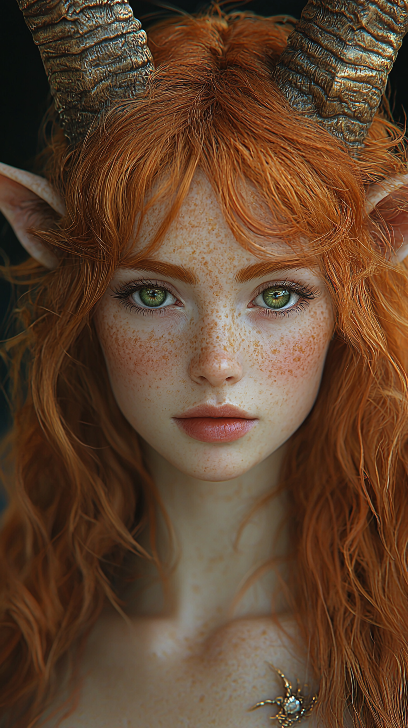 Portrait of beautiful female with ginger hair, goat features.