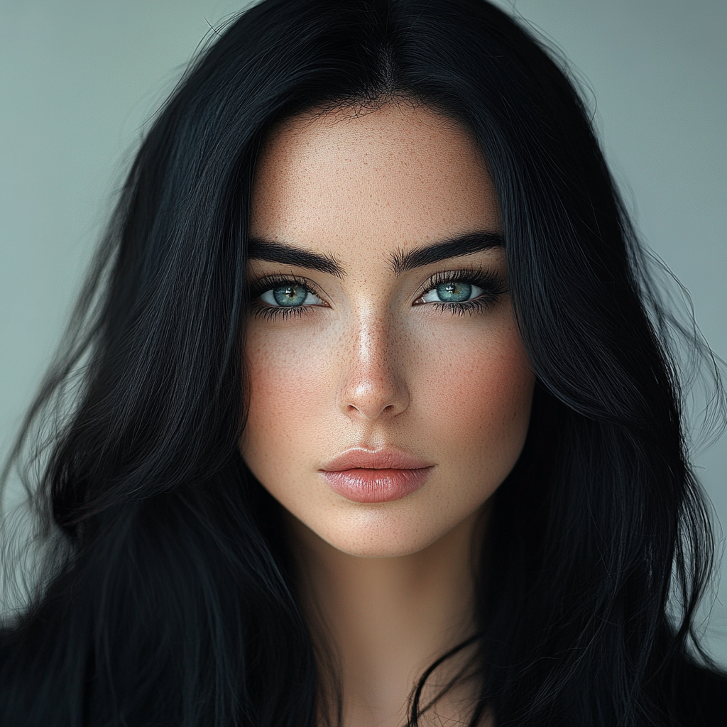 Portrait of beautiful woman with black hair and pointed nose.