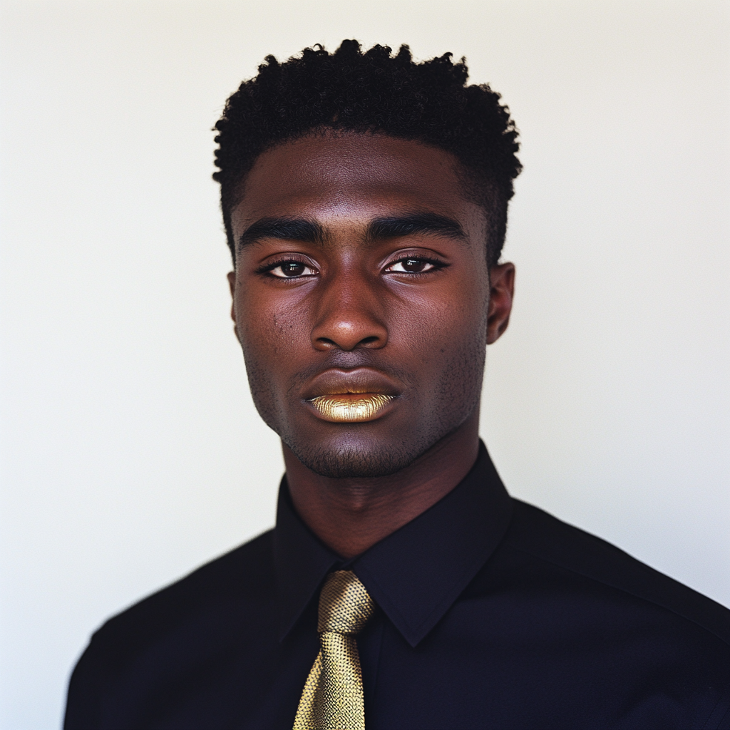 Portrait of black man with golden lipstick, Tillmans-style.