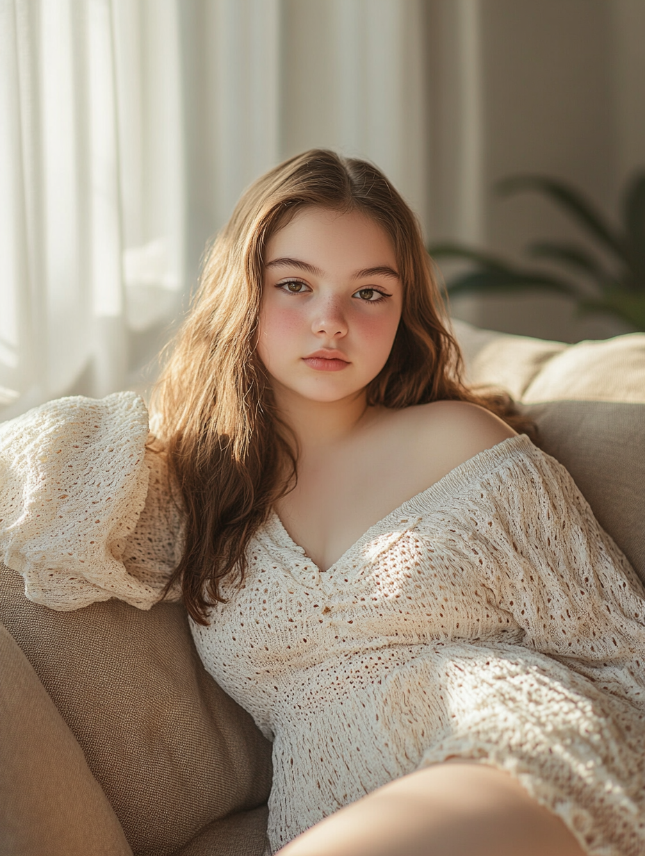 Portrait of chubby 12-year-old girl in cozy room.